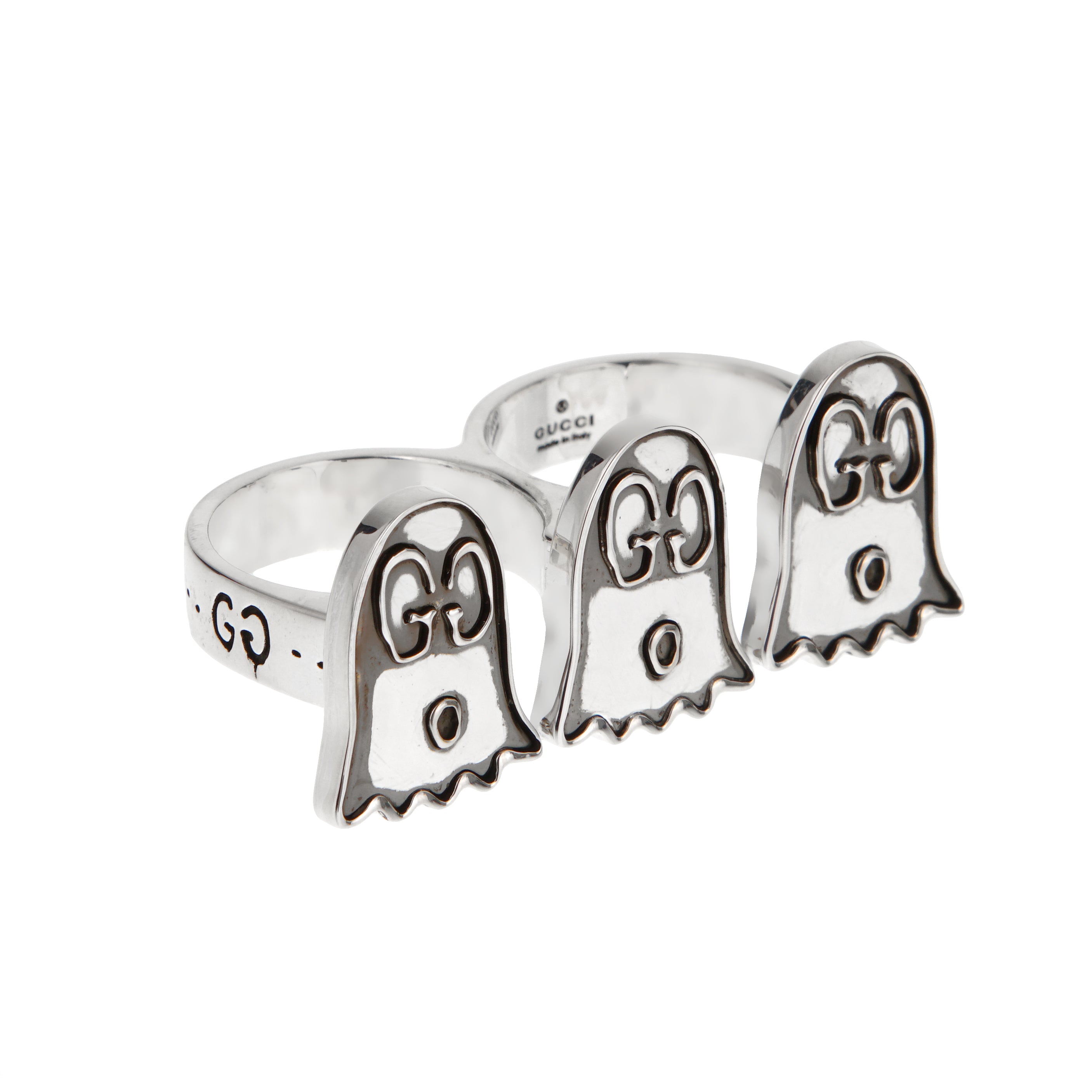 Gucci Ghost Sterling Silver Triple Motif Two Finger Ring Sz 7.75