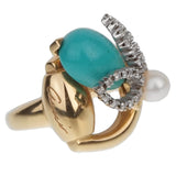 Gucci Diamond Horsebit Turquoise Pearl Yellow Gold Ring 0001832