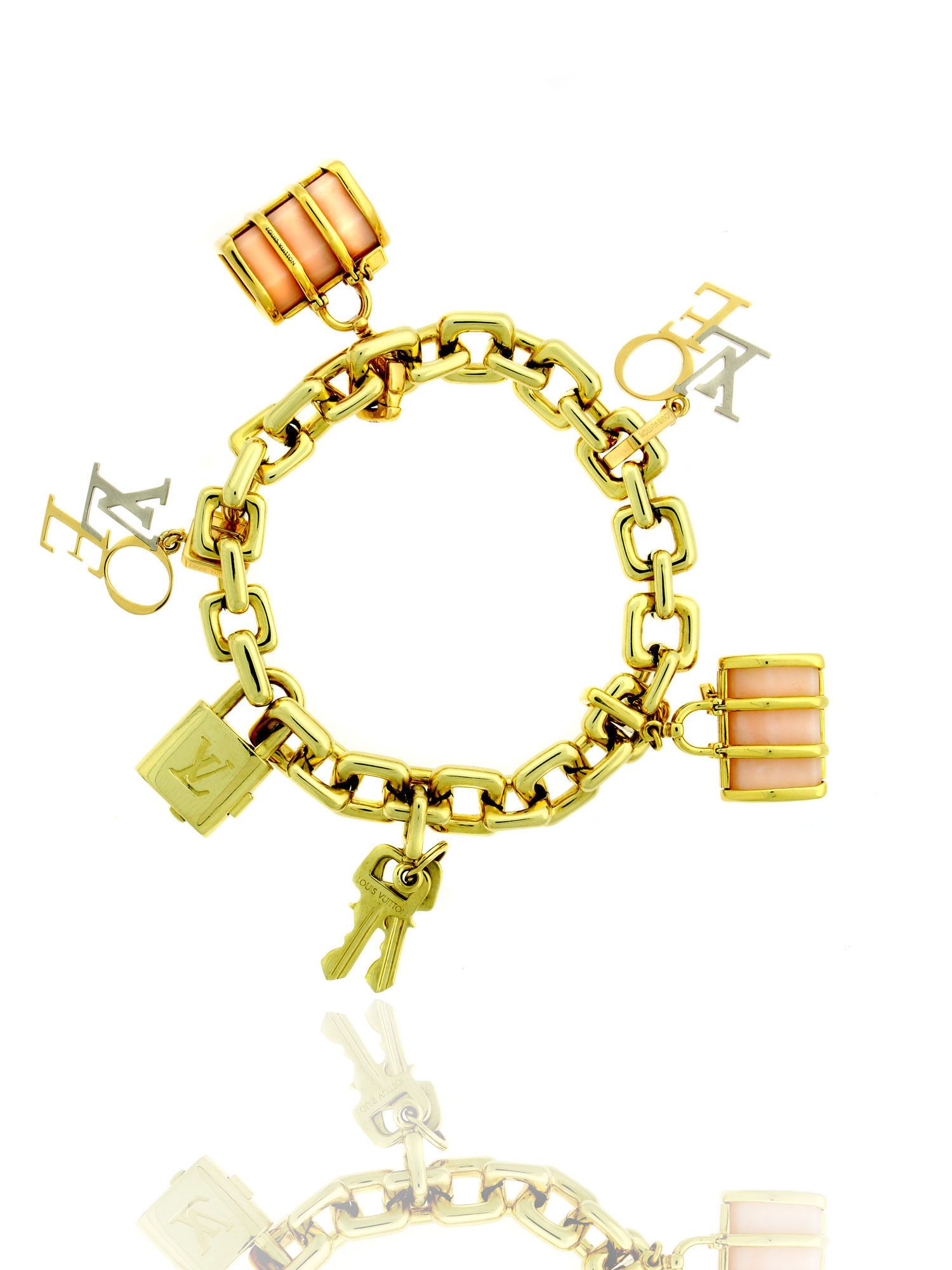 Louis Vuitton Padlock & Keys+ Two Bags Charm Yellow Gold Bracelet 125.7 Gm  18 KG
