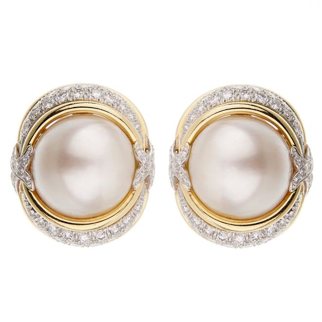Verdura Pearl Diamond Yellow Gold Platinum Earrings 0002790