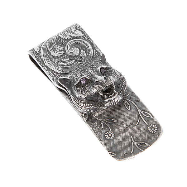 Gucci Sterling Silver Feline Money Clip With Purple Zircon Eyes