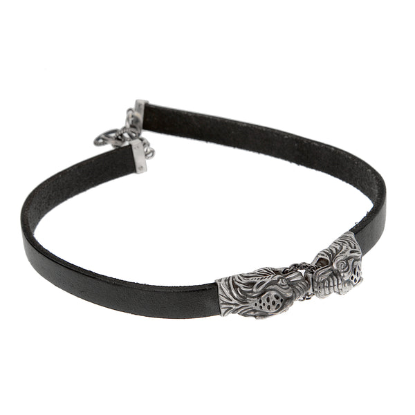 Gucci Black Leather Necklace with Sterling Silver Tiger Heads – 16"