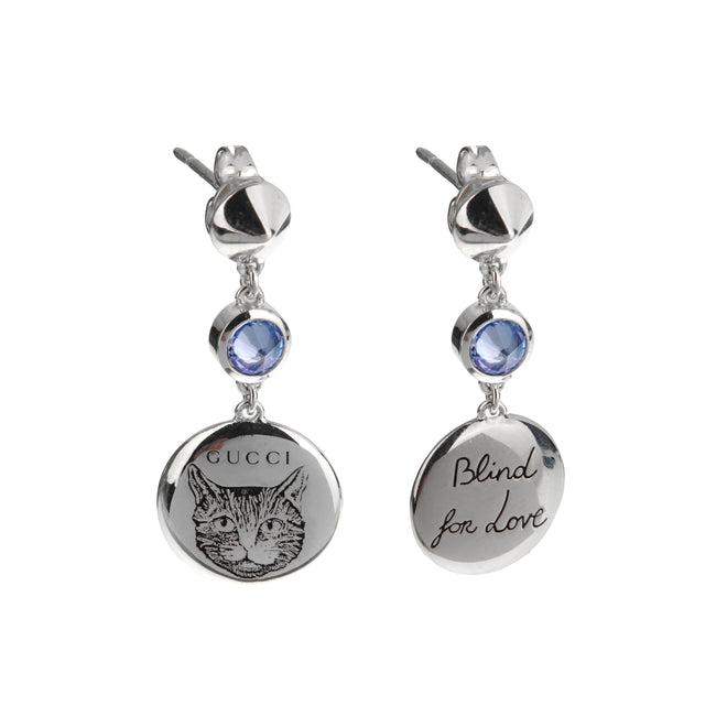 Gucci Sterling Silver Blind for Love Feline Drop Blue Zircon Earrings