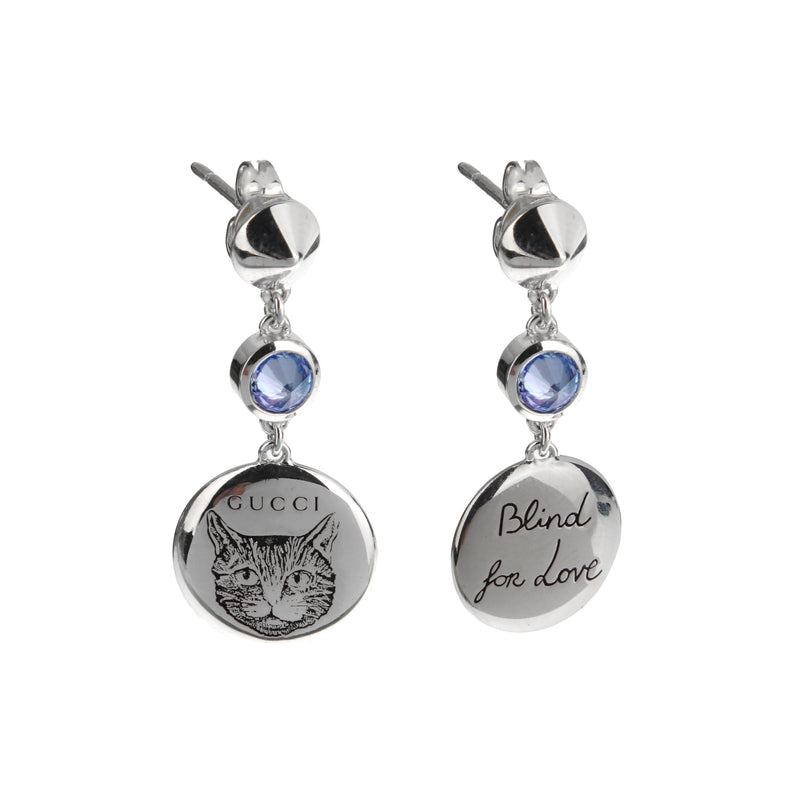 Gucci Sterling Silver Blind for Love Feline Drop Blue Zircon Earrings