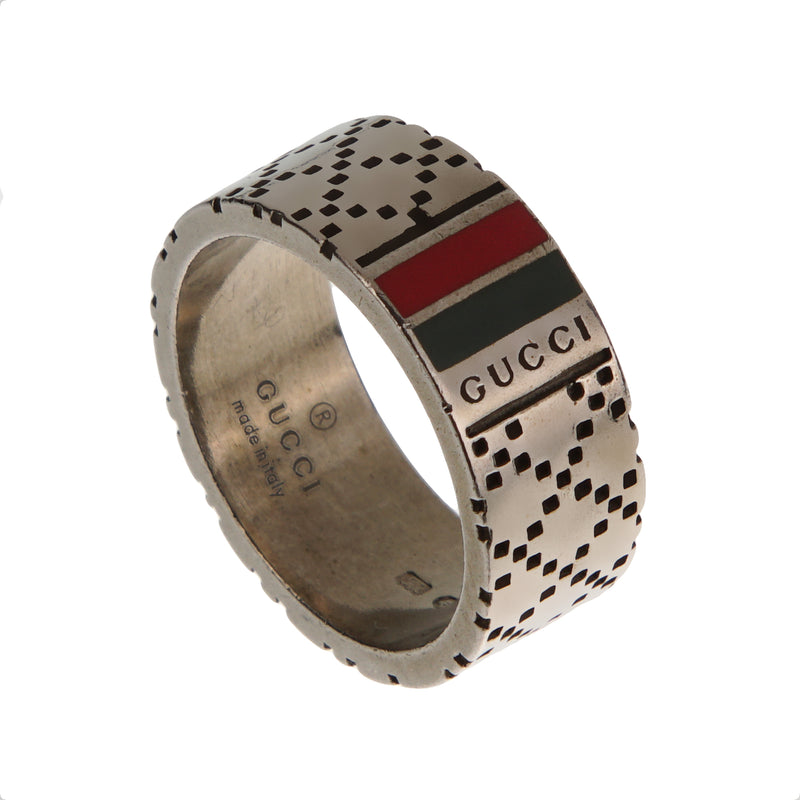Gucci Aged Sterling Silver Logo Band Ring with Enamel Inlay – Size 7 1/4