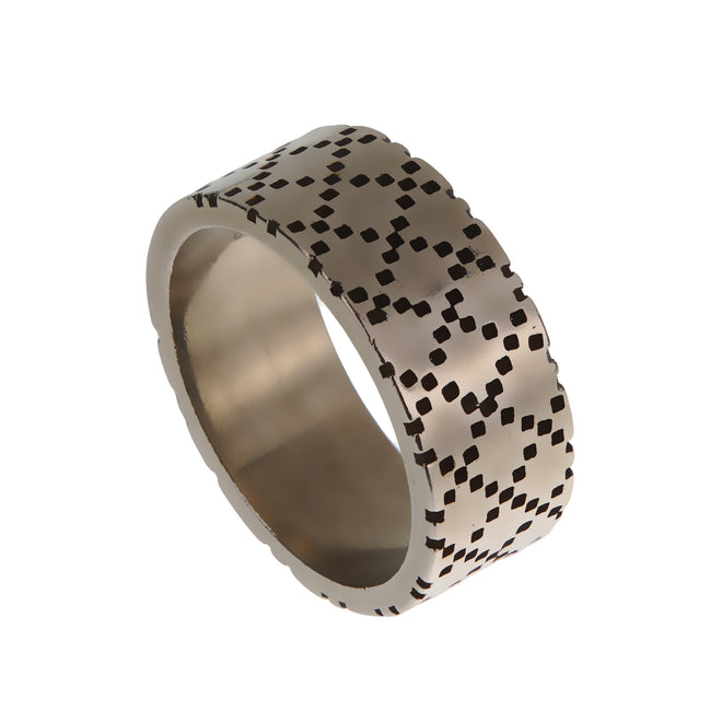 Gucci Aged Sterling Silver Logo Band Ring with Enamel Inlay – Size 7 1/4