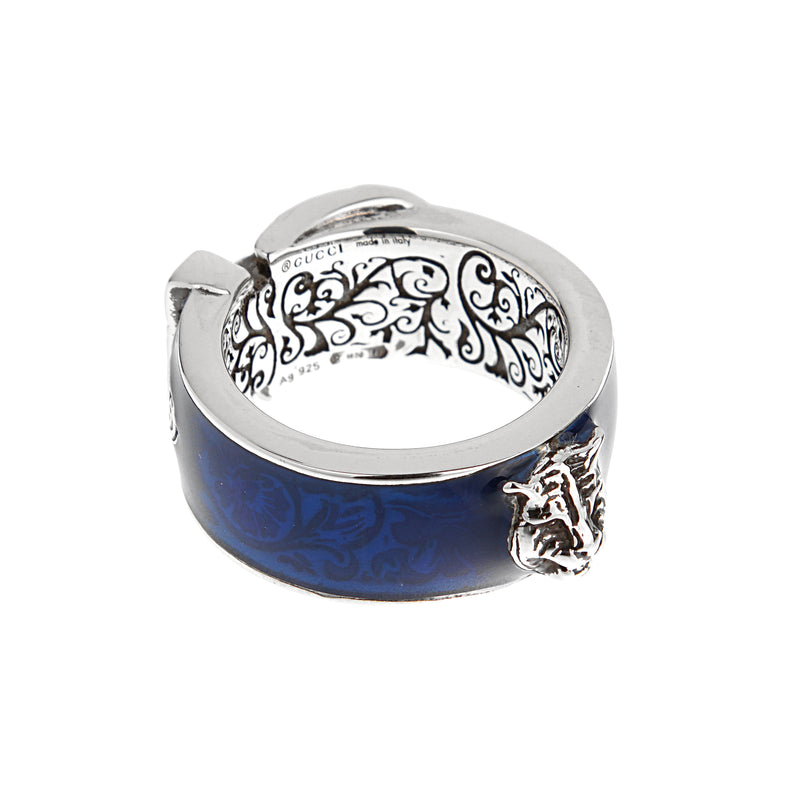 Gucci Sterling Silver Blue Enamel Buckle Ring with Tiger - Size 6 1/2