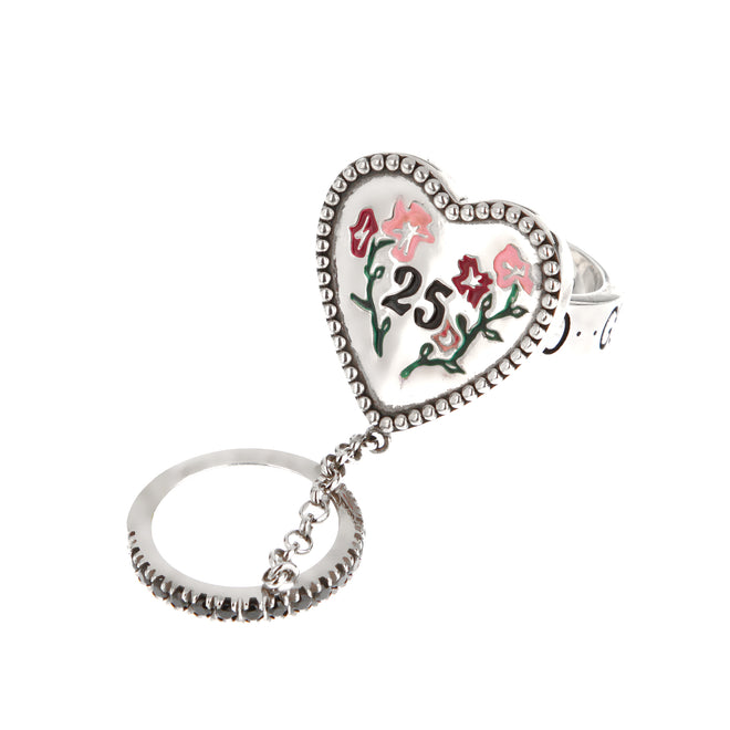 Gucci Floral Sterling Silver Enamel Black Spinel Double Ring Sz 5