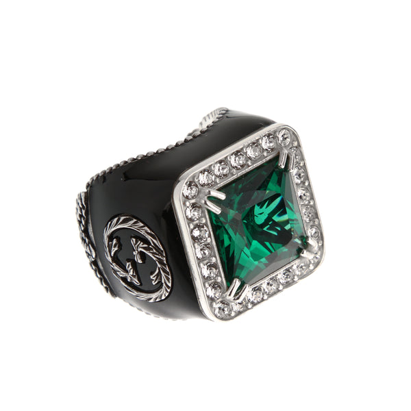 Gucci Sterling Silver Green Crystal Cocktail Ring with Black Enamel