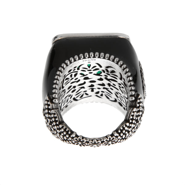 Gucci Sterling Silver Clear Crystal Cocktail Ring with Black Enamel