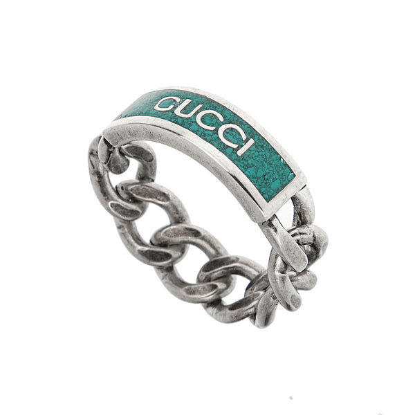 Gucci Enamel Logo Sterling Silver Chain Link Ring Size 10