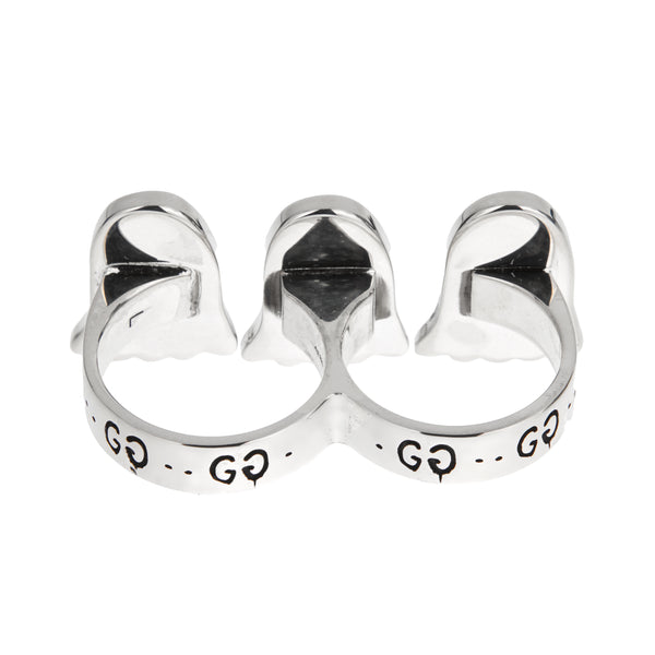 Gucci Ghost Sterling Silver Triple Motif Two Finger Ring Sz 4 & 5