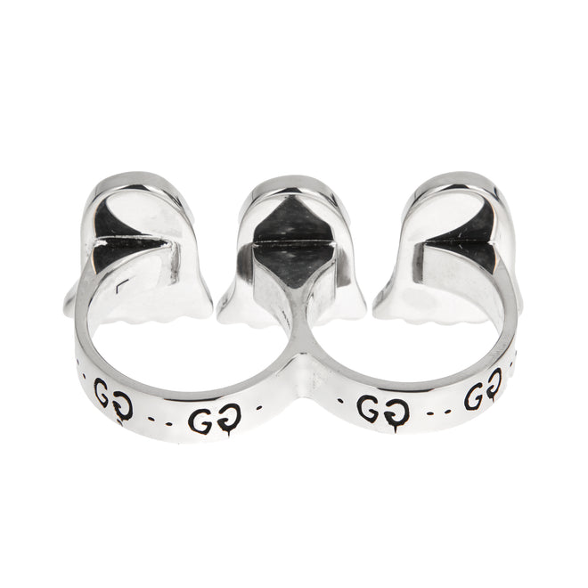 Gucci Ghost Sterling Silver Triple Motif Two Finger Ring Sz 7.75 & 9.25