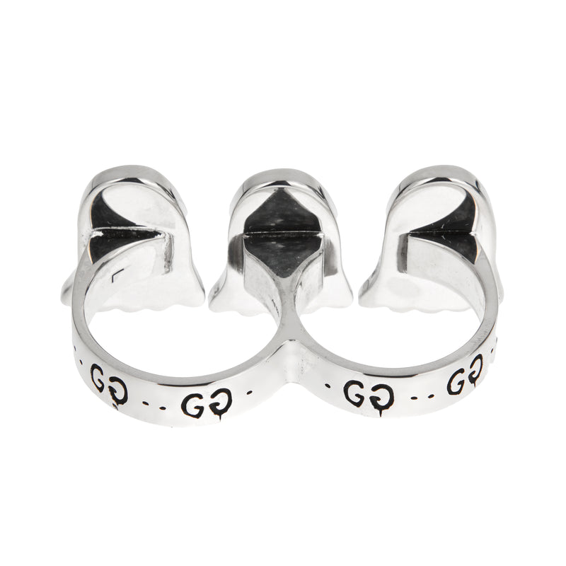 Gucci Ghost Sterling Silver Triple Motif Two Finger Ring Sz 7.75 & 9.25