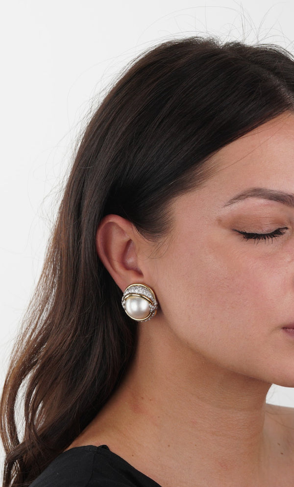 Verdura Pearl Diamond Yellow Gold Platinum Earrings