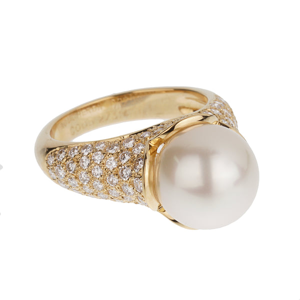 Boucheron Vintage Pearl Diamond 18k Yellow Gold Cocktail Ring Sz 5 1/4