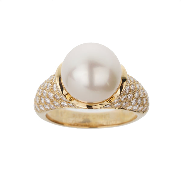 Boucheron Vintage Pearl Diamond 18k Yellow Gold Cocktail Ring Sz 5 1/4