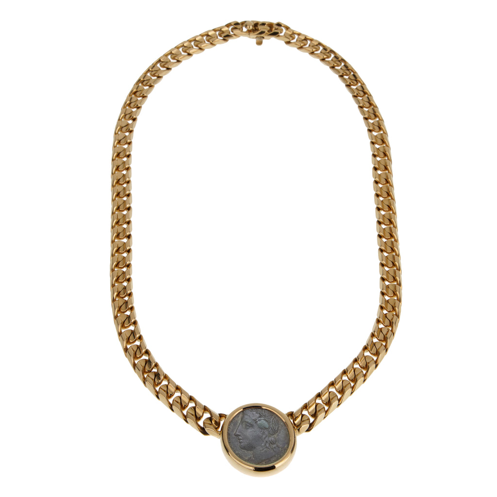 Bvlgari Monete Vintage Curb 18K Yellow Gold Ancient Roman Coin Necklace — Opulent Jewelers