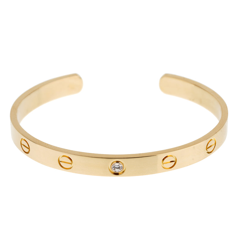 Cartier 18K Yellow Gold 1 Diamond Love Classic Cuff Bracelet Sz 17