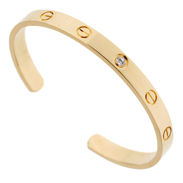 Cartier 18K Yellow Gold 1 Diamond Love Classic Cuff Bracelet Sz 17