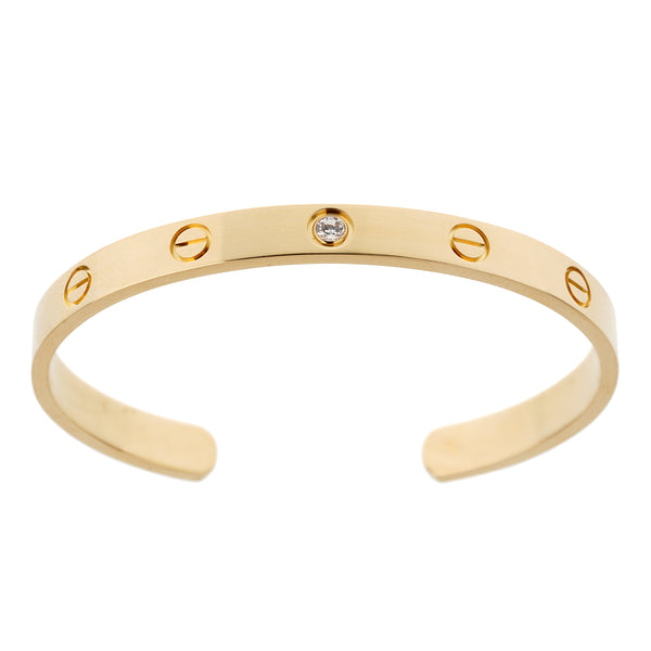 Cartier 18K Yellow Gold 1 Diamond Love Classic Cuff Bracelet Sz 17