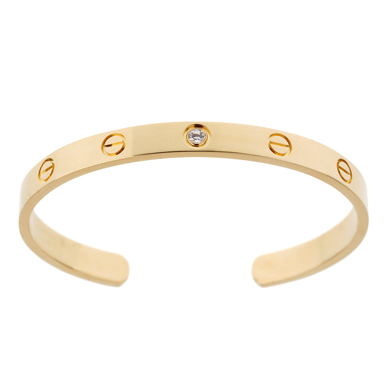 Cartier 18K Yellow Gold 1 Diamond Love Classic Cuff Bracelet Sz 17