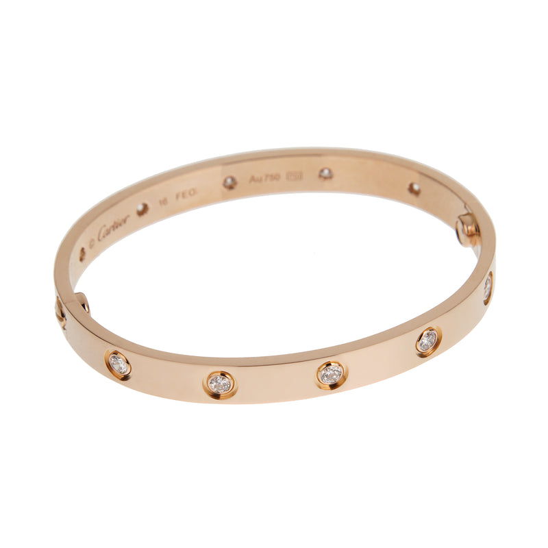 Cartier Love Bracelet Classic 10 Diamond 18 Rose Gold Sz 16