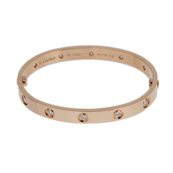 Cartier Love Bracelet Classic 10 Diamond 18 Rose Gold Sz 16