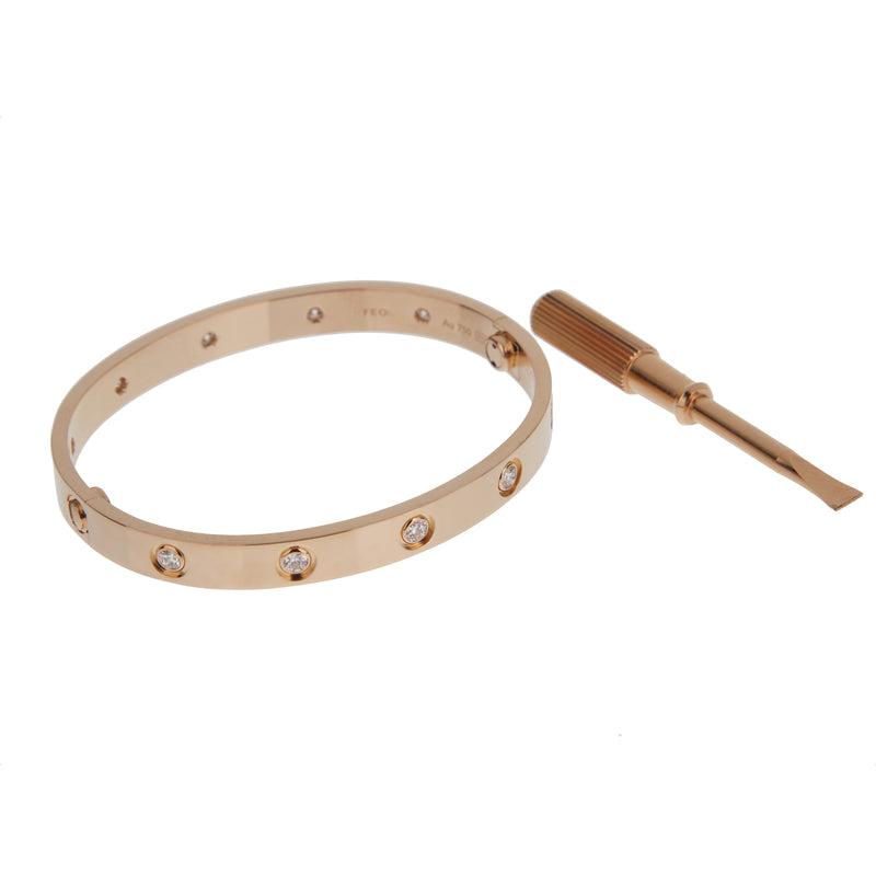 Cartier Love Bracelet Classic 10 Diamond 18 Rose Gold Sz 16