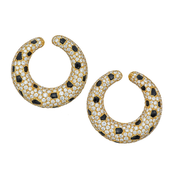 Cartier Panthere Onyx Diamond Yellow Gold Vintage Hoop Earrings