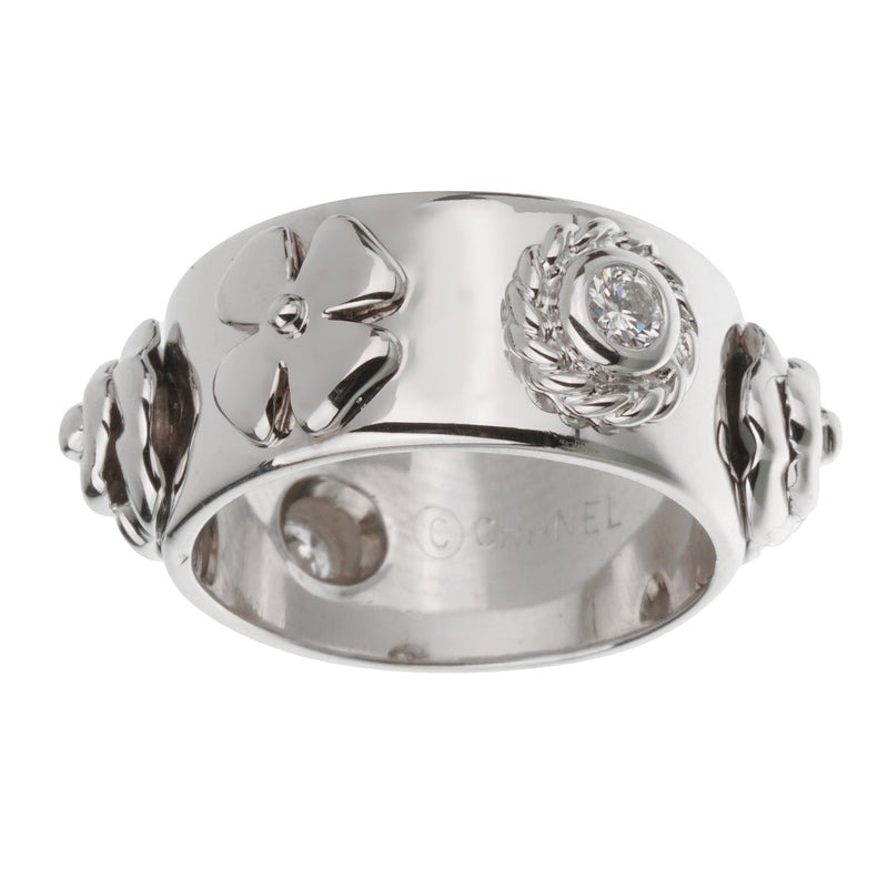 Authentic Chanel Rings Chanel Camélia Lucky Charm Diamond Band Ring 18k White Gold
