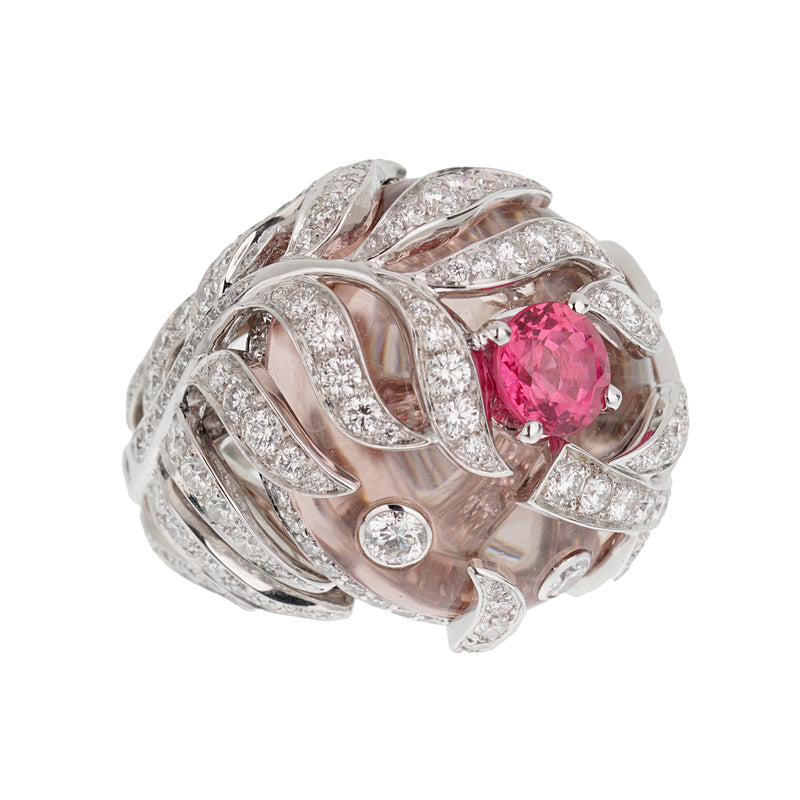Chanel Plume Diamond, Spinel, & Morganite Cocktail Ring in 18k White Gold – Size 6