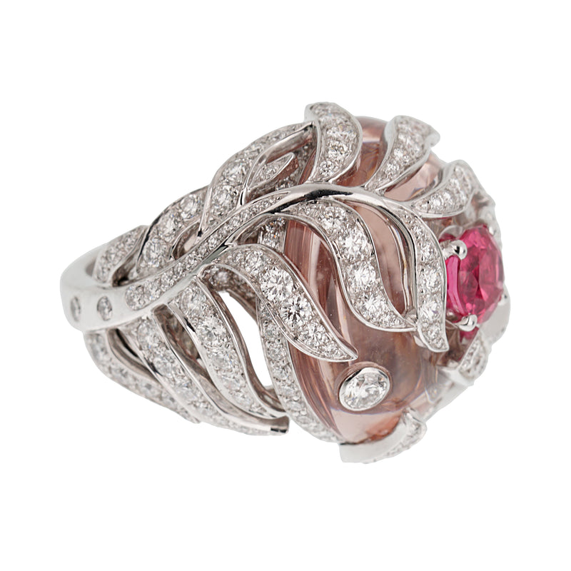 Chanel Plume Diamond, Spinel, & Morganite Cocktail Ring in 18k White Gold – Size 6