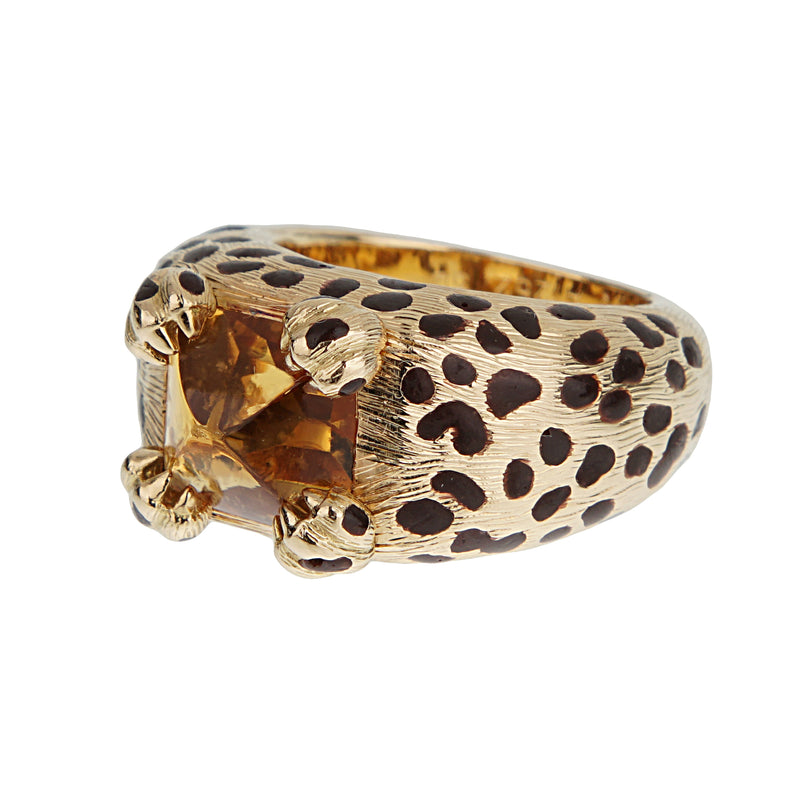Dior Leopard 18k Yellow Gold Citrine Enamel Cocktail Ring