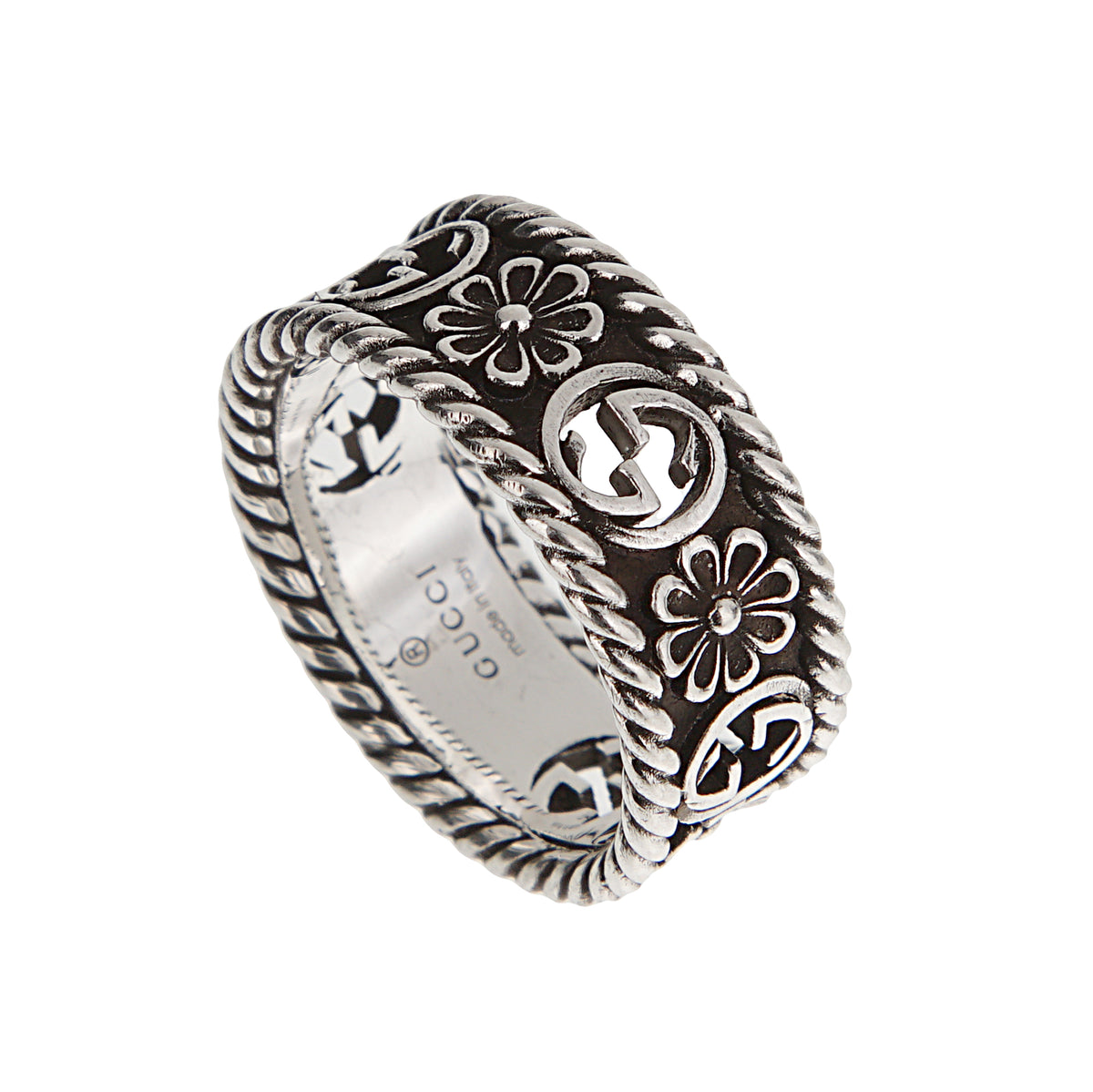Gucci Sterling Silver Interlocking G Flower Band Ring Sz 5 3/4