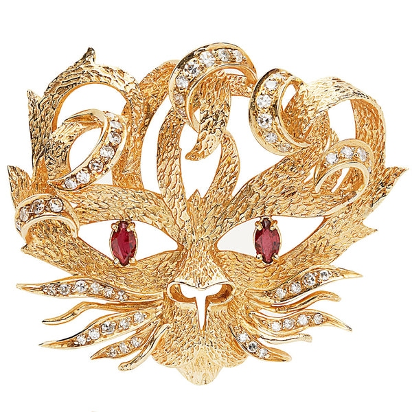 Hermes Mistigri Vintage Ruby Diamond Yellow Gold Brooch Opulent Jewelers