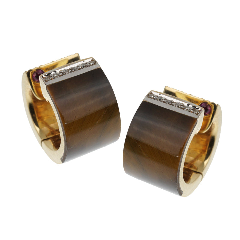 Roberto Coin Tiger Eye Vintage Diamond Gold Huggie Earrings