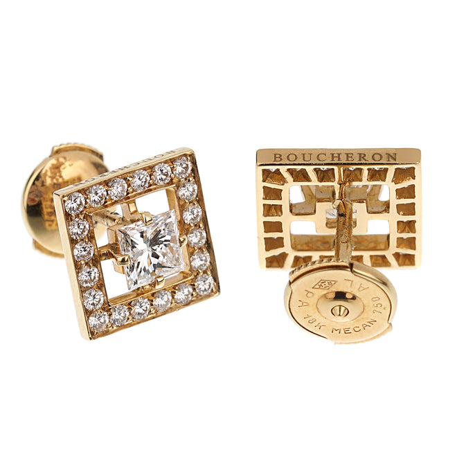 Boucheron Princess Cut Diamond Stud Yellow Gold Earrings 0003269
