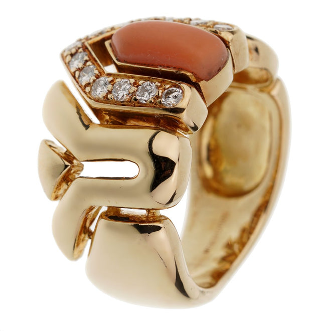 Boucheron Vintage Coral Diamond Yellow Gold Ring 0002577