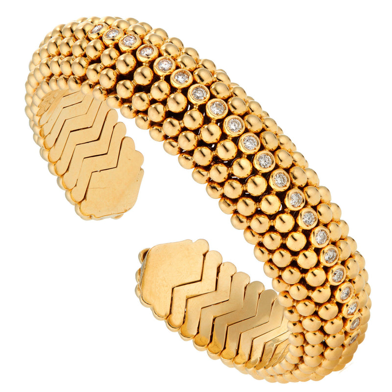 Bvlgari Dolce Vita 1950's Beaded Spiga Diamond Yellow Gold Cuff Bracelet 1ch15