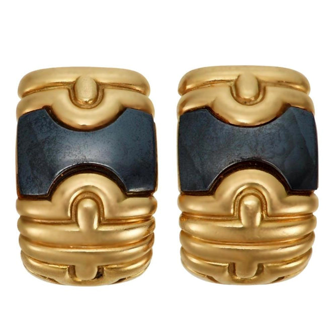 Bvlgari Parentesi Vintage Hematite Yellow Gold Hoop Earrings Opulent Jewelers