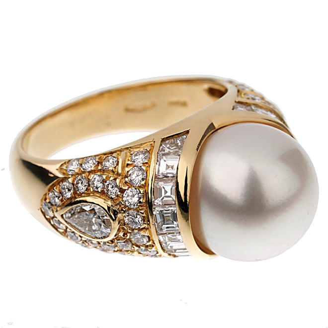 Bvlgari Vintage Pearl Diamond Cocktail Yellow Gold Ring Sz 3/4