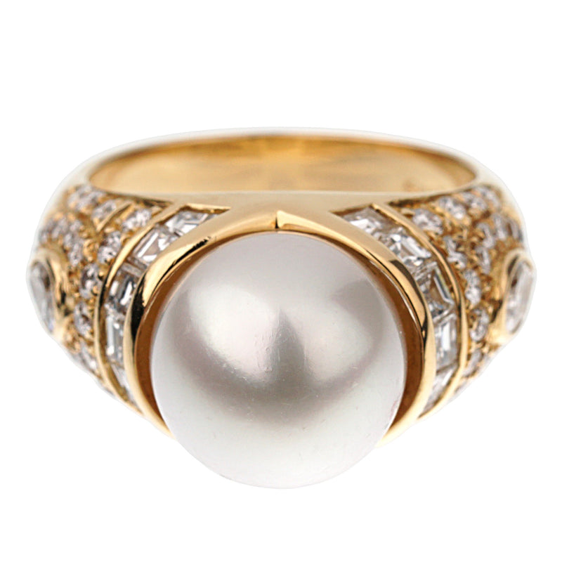 Bvlgari Vintage Pearl Diamond Cocktail Yellow Gold Ring 0003069