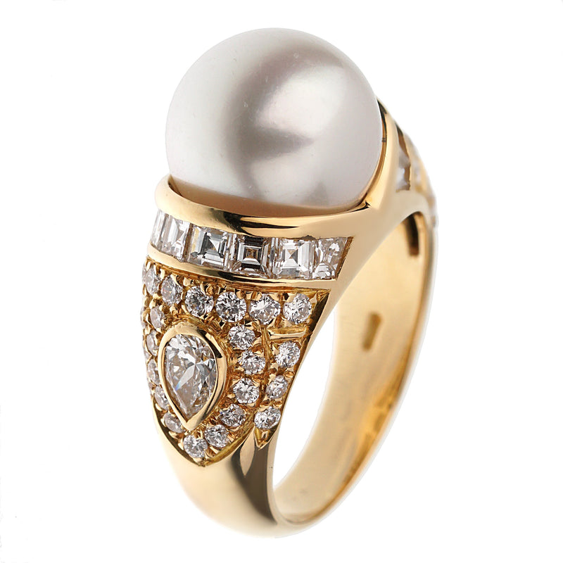 Bvlgari Vintage Pearl Diamond Cocktail Yellow Gold Ring 0003069