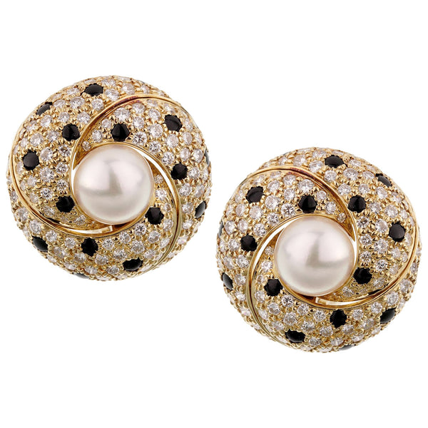 Cartier Panthere Diamond Pearl Yellow Gold Vintage Clip On Earrings 0002812