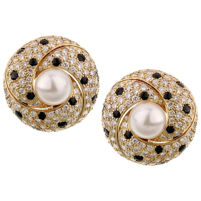 Cartier Panthere Diamond Pearl Yellow Gold Vintage Clip On Earrings
