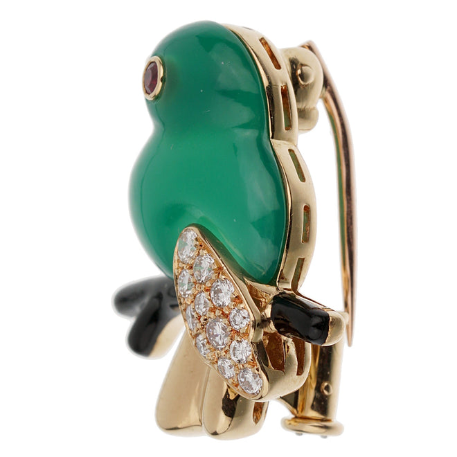 Cartier Vintage Bird on a Branch Yellow Gold Chrysoprase Ruby Onyx Brooch 1s18