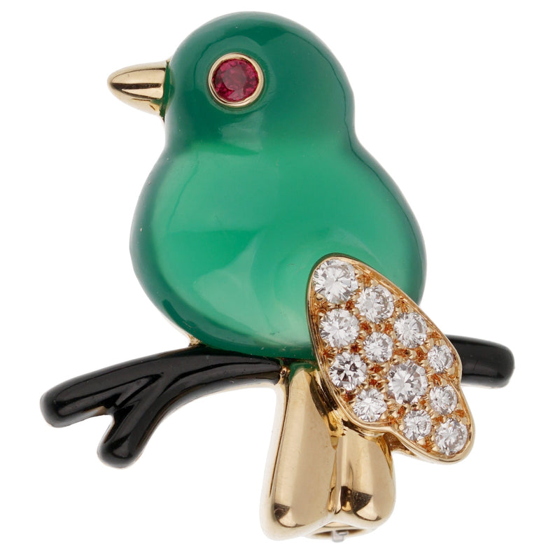 Cartier Vintage Bird on a Branch Yellow Gold Chrysoprase Ruby Onyx Brooch 1s18