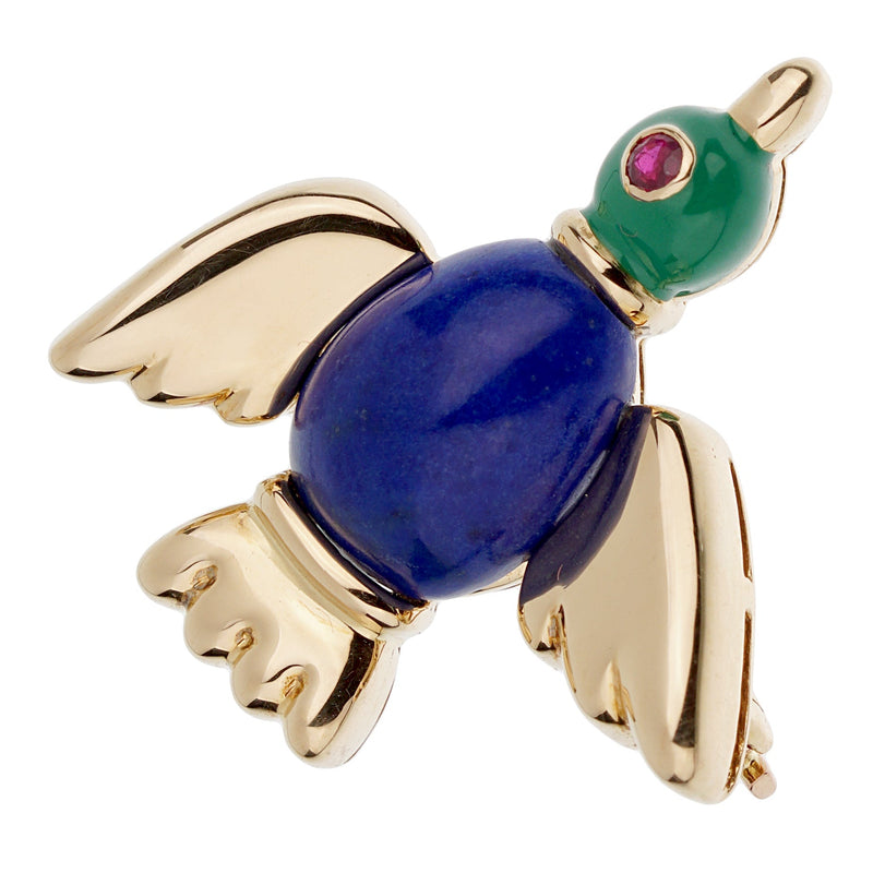 Cartier Vintage Lapis Lazuli Ruby Yellow Gold Bird Duck Pin Brooch 1db15s