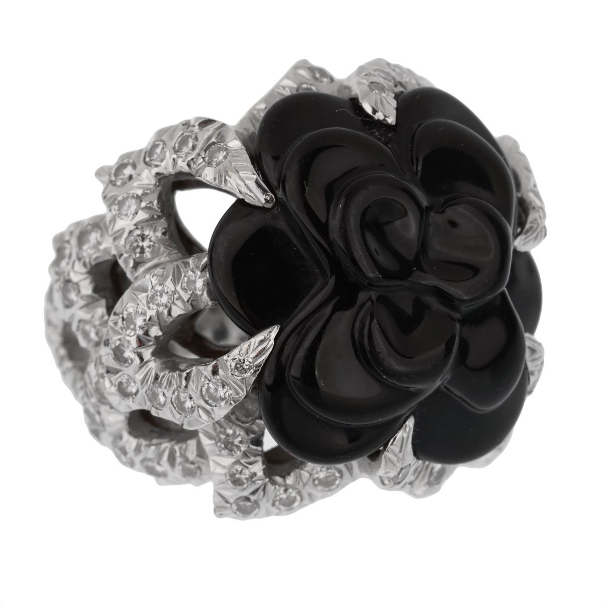 Chanel Camellia Diamond Onyx White Gold Ring – Opulent Jewelers